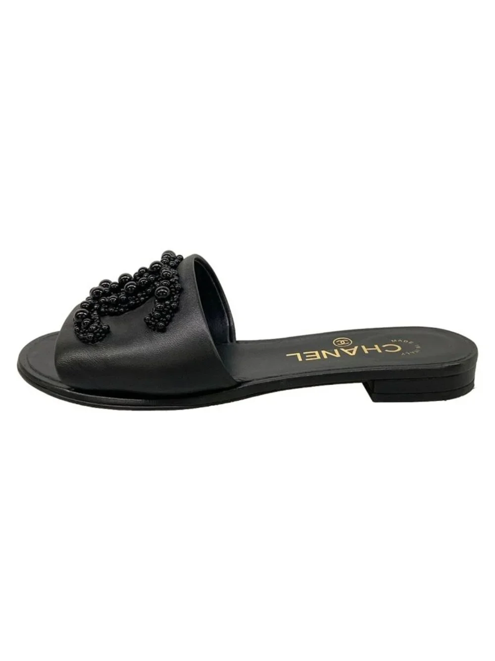 Chanel Sandals 35 C Black Beads CC Logo Open Toe Leather